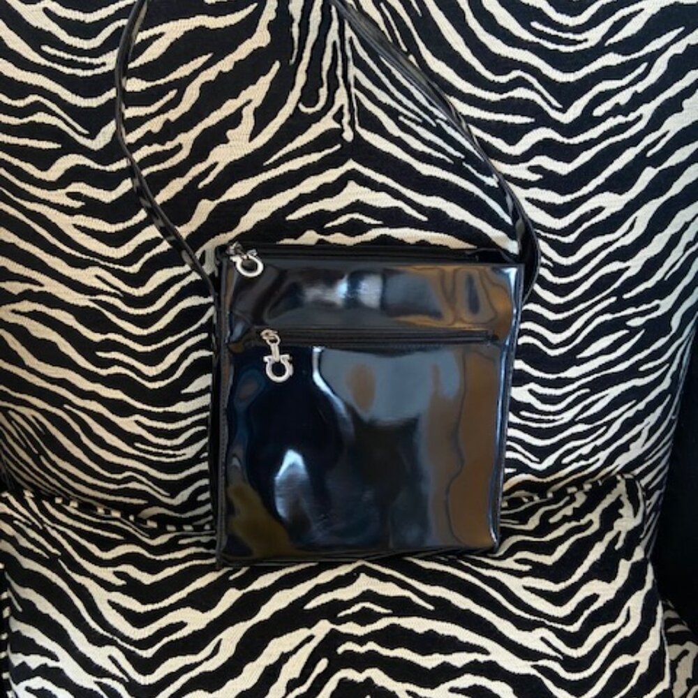Salvatore Ferragamo Black Patent Leather Structured Shoulder Bag Tote